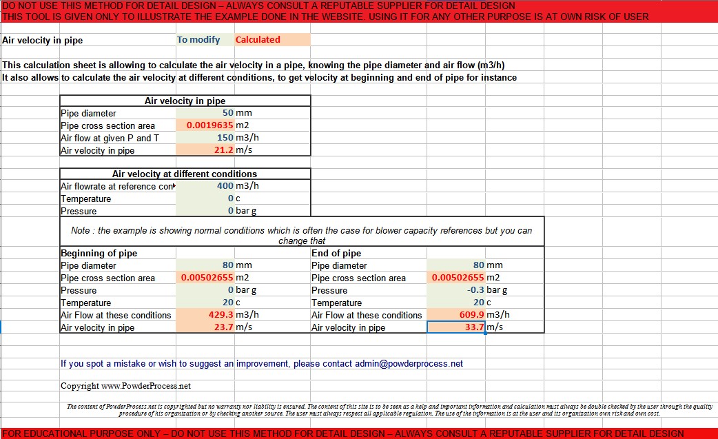 Excel-Berechnungstool für die Luftgeschwindigkeit in Rohrleitungen